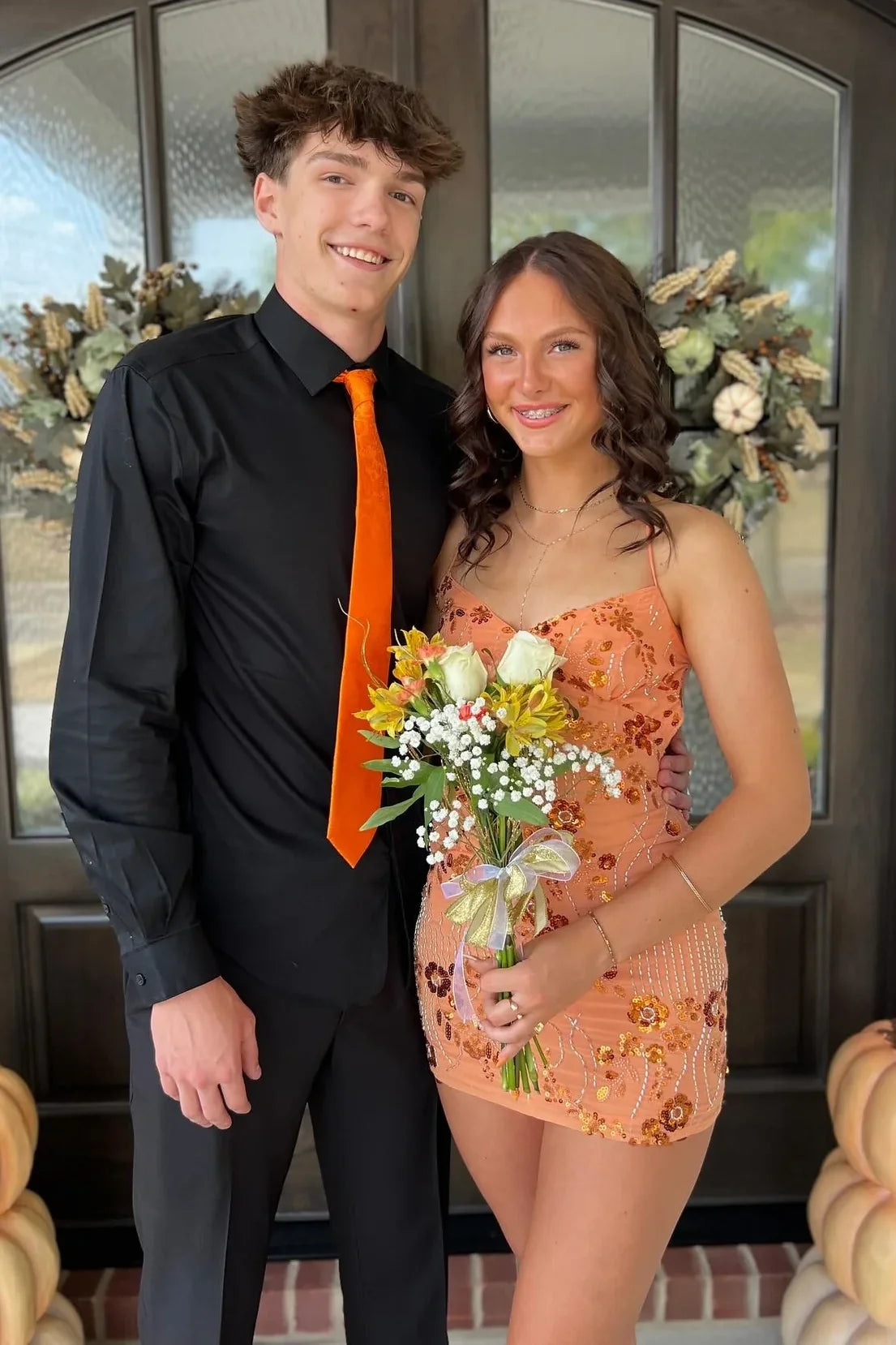 Stylish Sheath Spaghetti Straps Orange Short Homecoming Dress with Beading DP7321