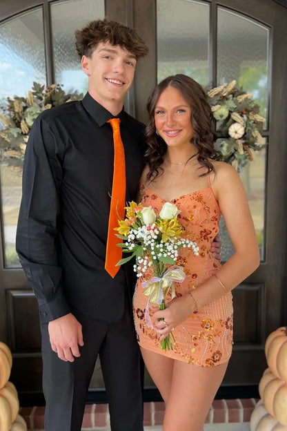 Stylish Sheath Spaghetti Straps Orange Short Homecoming Dress with Beading DP7321