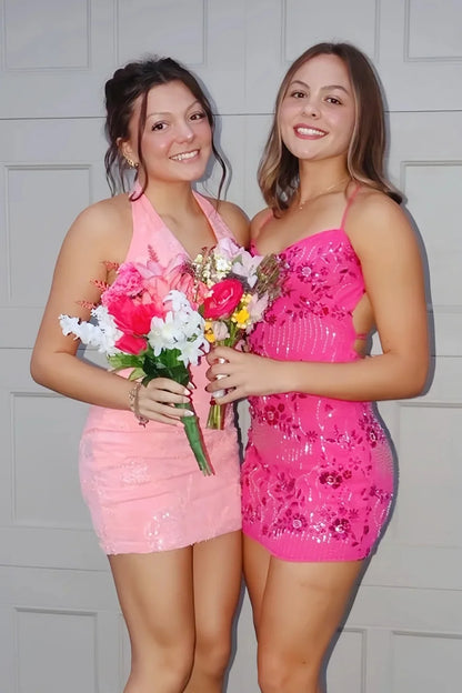 Stylish Sheath Spaghetti Straps Hot Pink Short Homecoming Dress with Beading DP7323