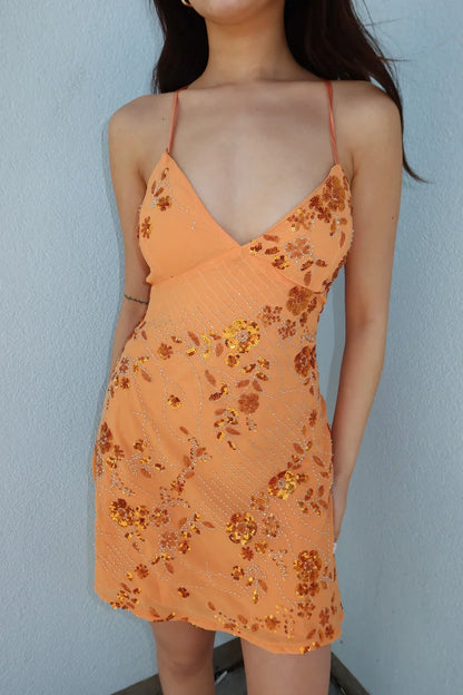 Stylish Sheath Spaghetti Straps Orange Short Homecoming Dress with Beading DP7321