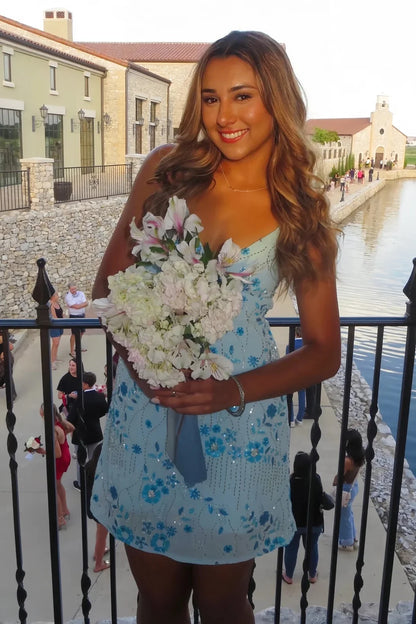 Stylish Sheath Spaghetti Straps Baby Blue Short Homecoming Dress with Beading DP7326