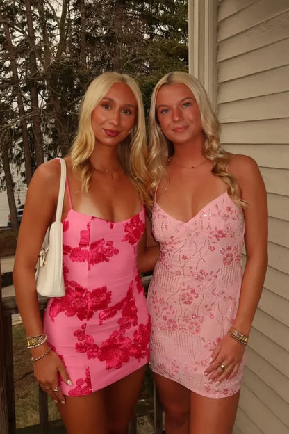 Stylish Sheath Spaghetti Straps Pink Short Homecoming Dress with Beading DP7322