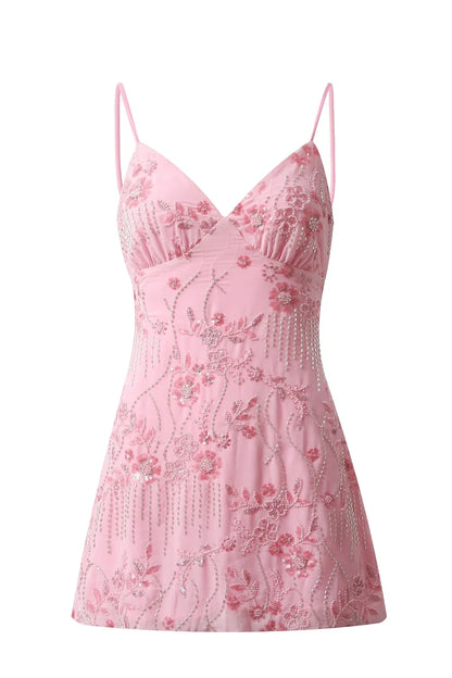 Stylish Sheath Spaghetti Straps Pink Short Homecoming Dress with Beading DP7322
