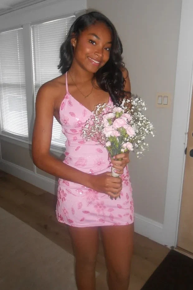 Stylish Sheath Spaghetti Straps Pink Short Homecoming Dress with Beading DP7322