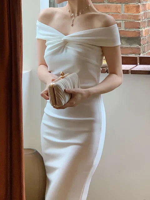 White Sheath Off the Shoulder Satin Evening Dress Prom Dress DP1505
