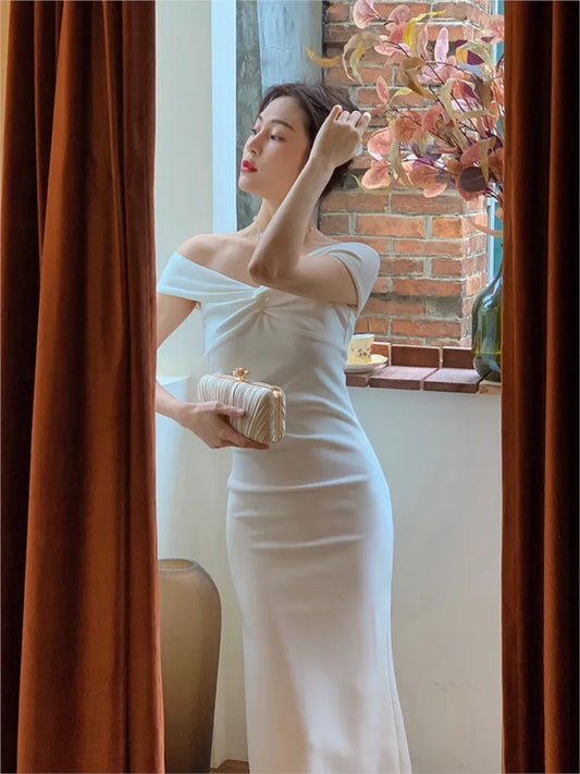 White Sheath Off the Shoulder Satin Evening Dress Prom Dress DP1505