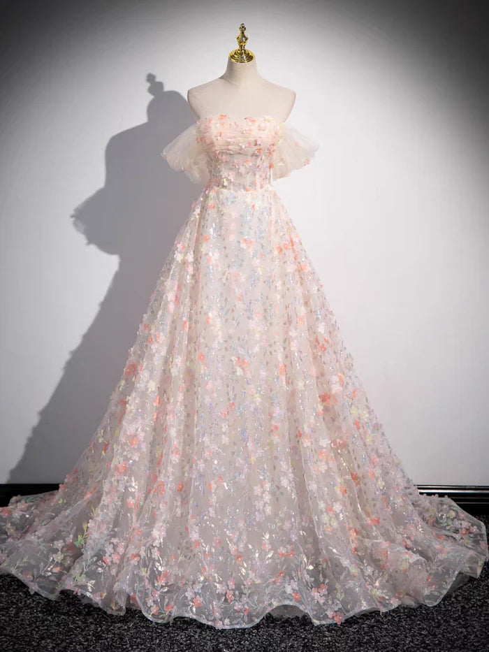 Sweet  A Line Off the Shoulder Beaded Floral Tulle Long Prom Dress DP1168