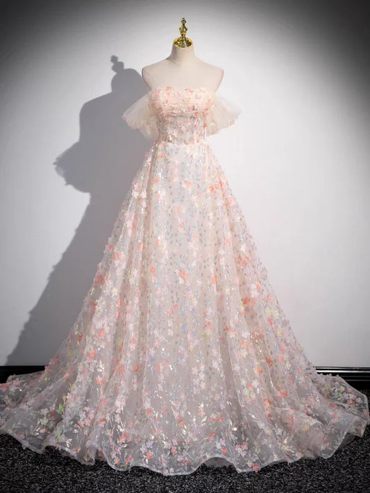 Sweet  A Line Off the Shoulder Beaded Floral Tulle Long Prom Dress DP1168