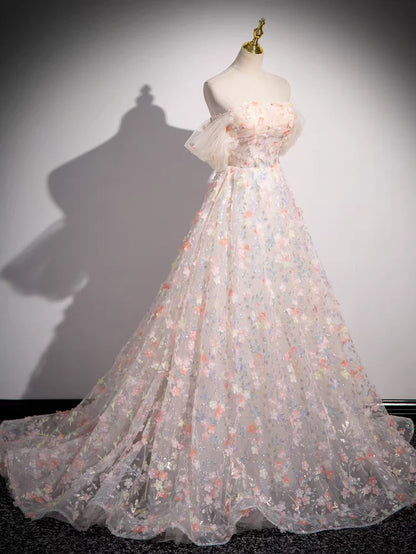 Sweet  A Line Off the Shoulder Beaded Floral Tulle Long Prom Dress DP1168
