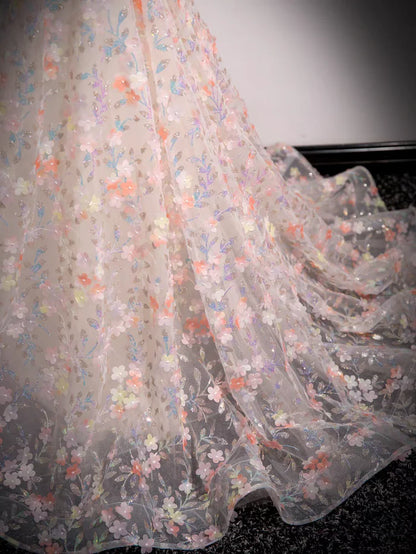 Sweet  A Line Off the Shoulder Beaded Floral Tulle Long Prom Dress DP1168