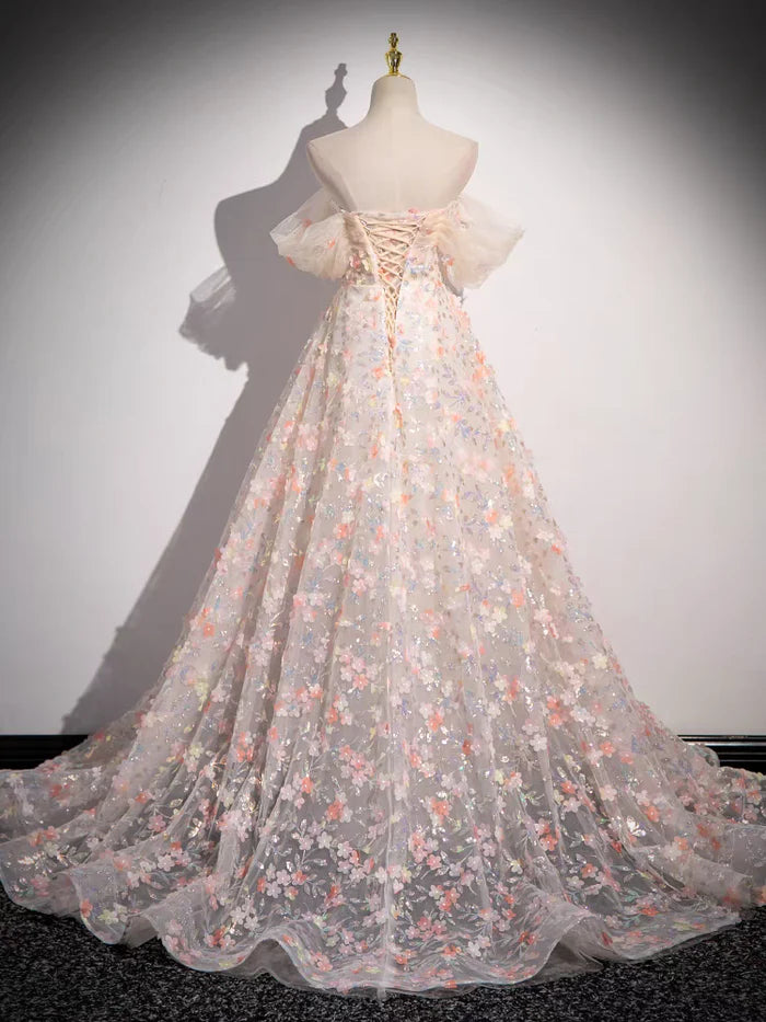 Sweet  A Line Off the Shoulder Beaded Floral Tulle Long Prom Dress DP1168