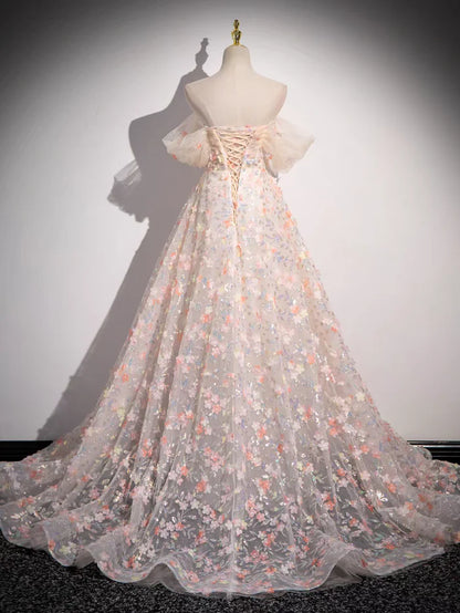 Sweet  A Line Off the Shoulder Beaded Floral Tulle Long Prom Dress DP1168