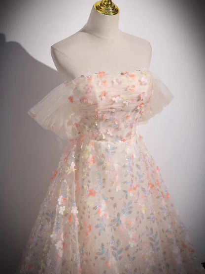 Sweet  A Line Off the Shoulder Beaded Floral Tulle Long Prom Dress DP1168