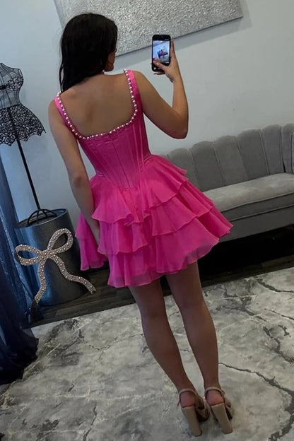 New Arrival A Line Square Neck Hot Pink Chiffon Short Homecoming Dress with Pearls DP7366