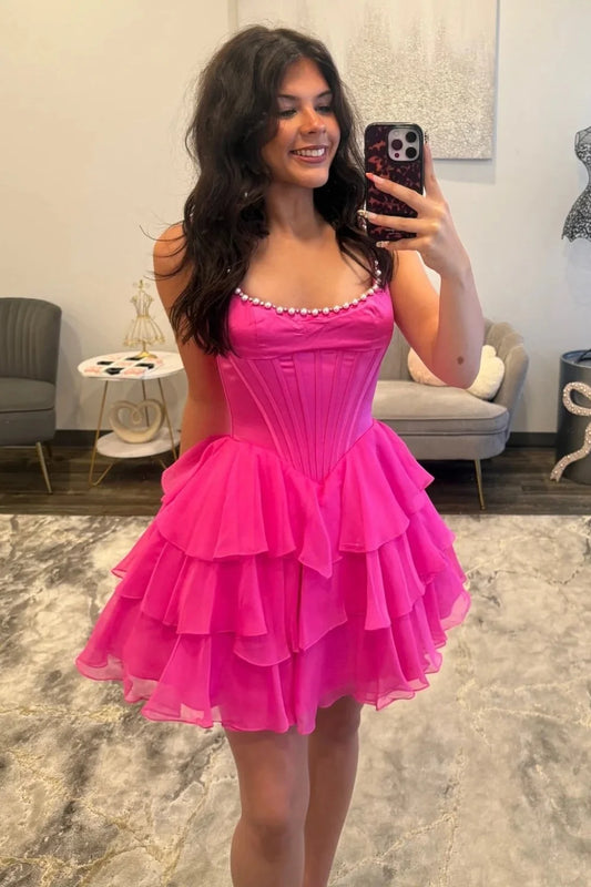 New Arrival A Line Square Neck Hot Pink Chiffon Short Homecoming Dress with Pearls DP7366