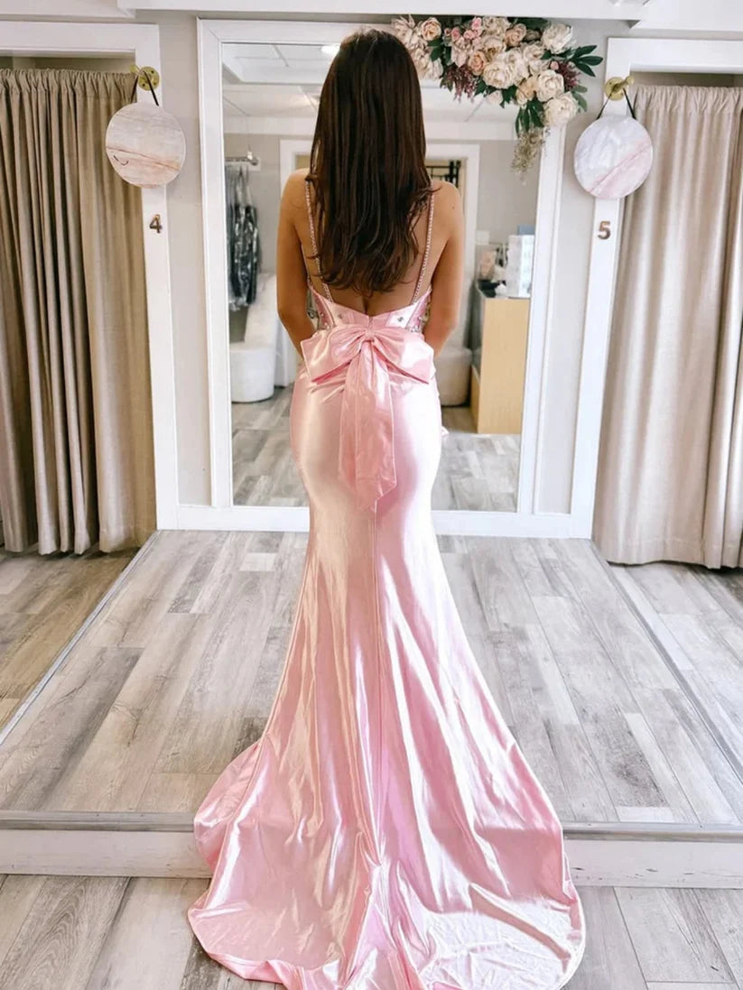 Sweety Pink Mermaid Straps Beaded Corset Satin Evening Dress Prom Dress DP7645