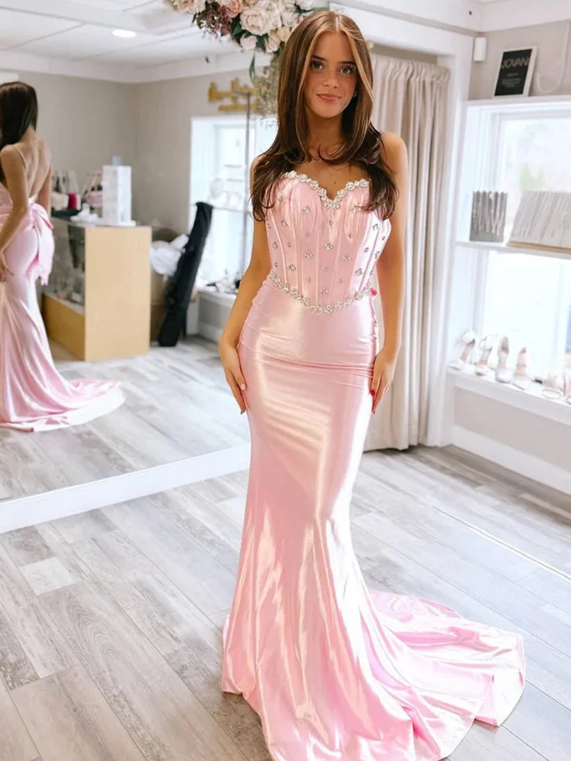 Sweety Pink Mermaid Straps Beaded Corset Satin Evening Dress Prom Dress DP7645