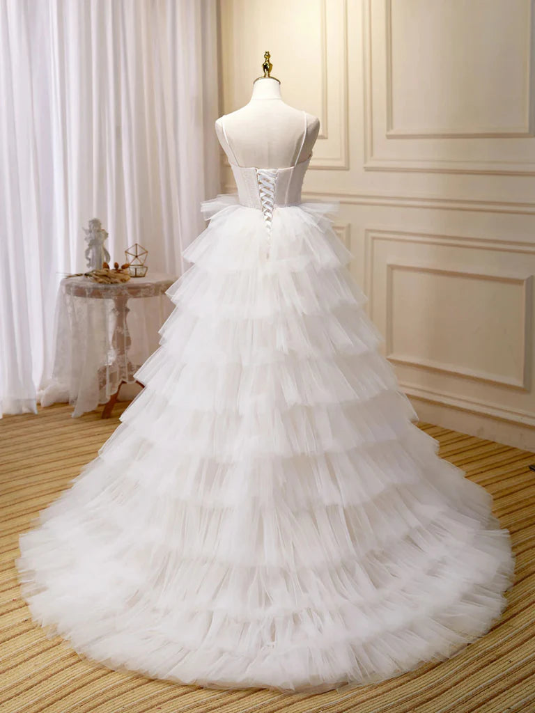 White Sweetheart Neck Appliques Tulle Long Prom Dresses Evening Dresses DP1003