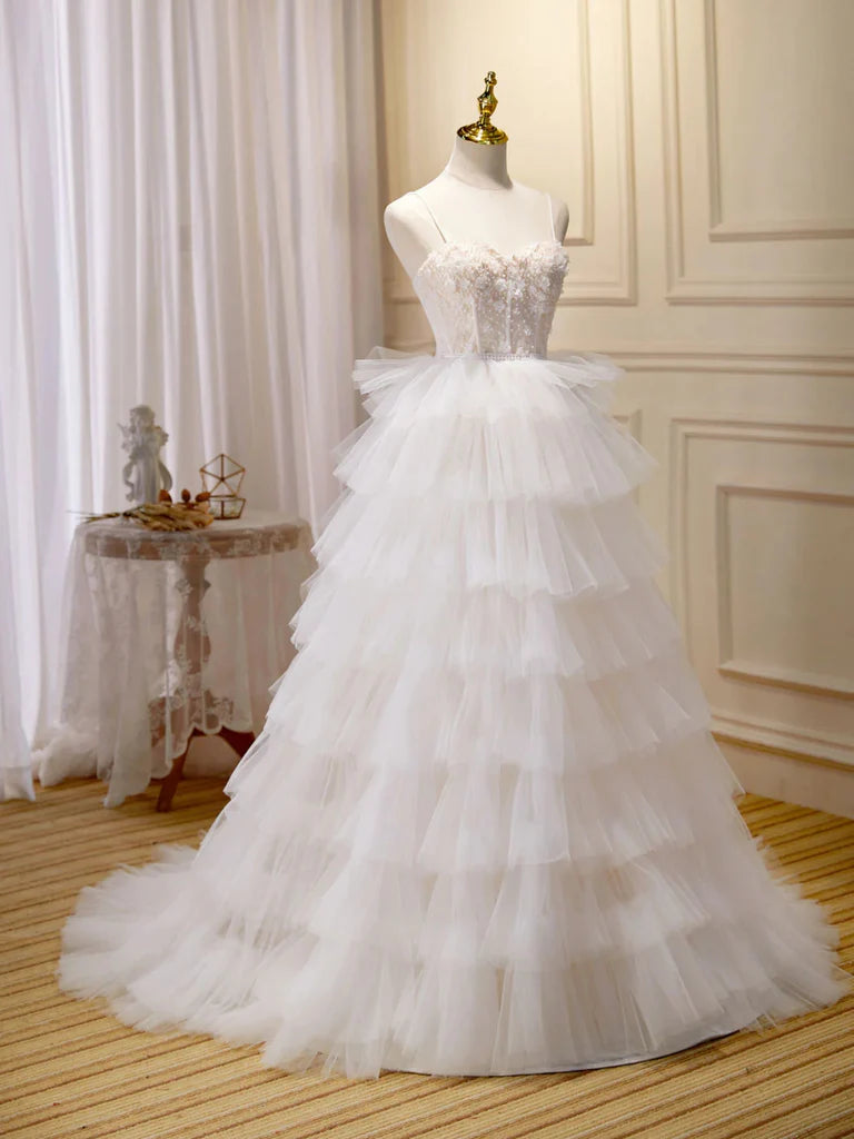 White Sweetheart Neck Appliques Tulle Long Prom Dresses Evening Dresses DP1003