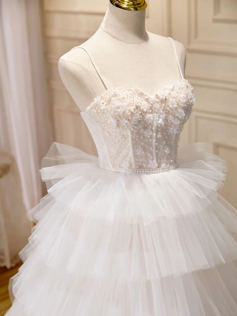 White Sweetheart Neck Appliques Tulle Long Prom Dresses Evening Dresses DP1003