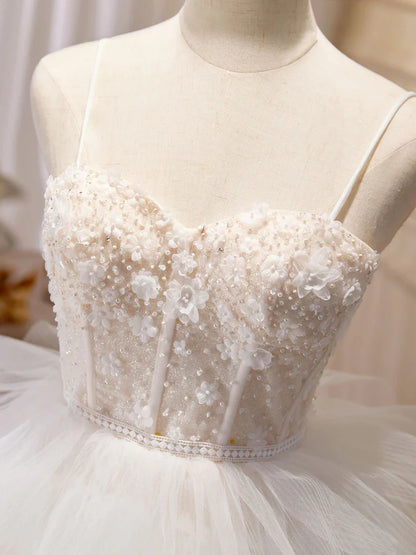White Sweetheart Neck Appliques Tulle Long Prom Dresses Evening Dresses DP1003