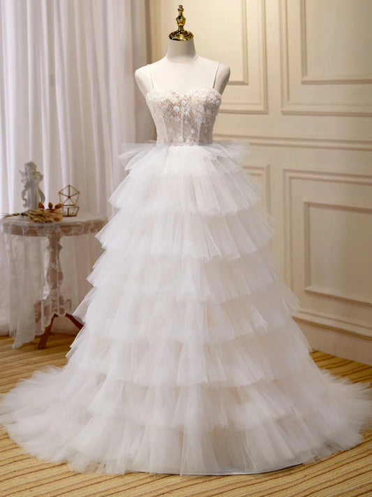 White Sweetheart Neck Appliques Tulle Long Prom Dresses Evening Dresses DP1003