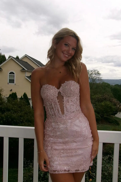Sexy Sheath Sweetheart Neck Beaded Lace Short Homecoming Dress Mini Dress Outfits DP5892