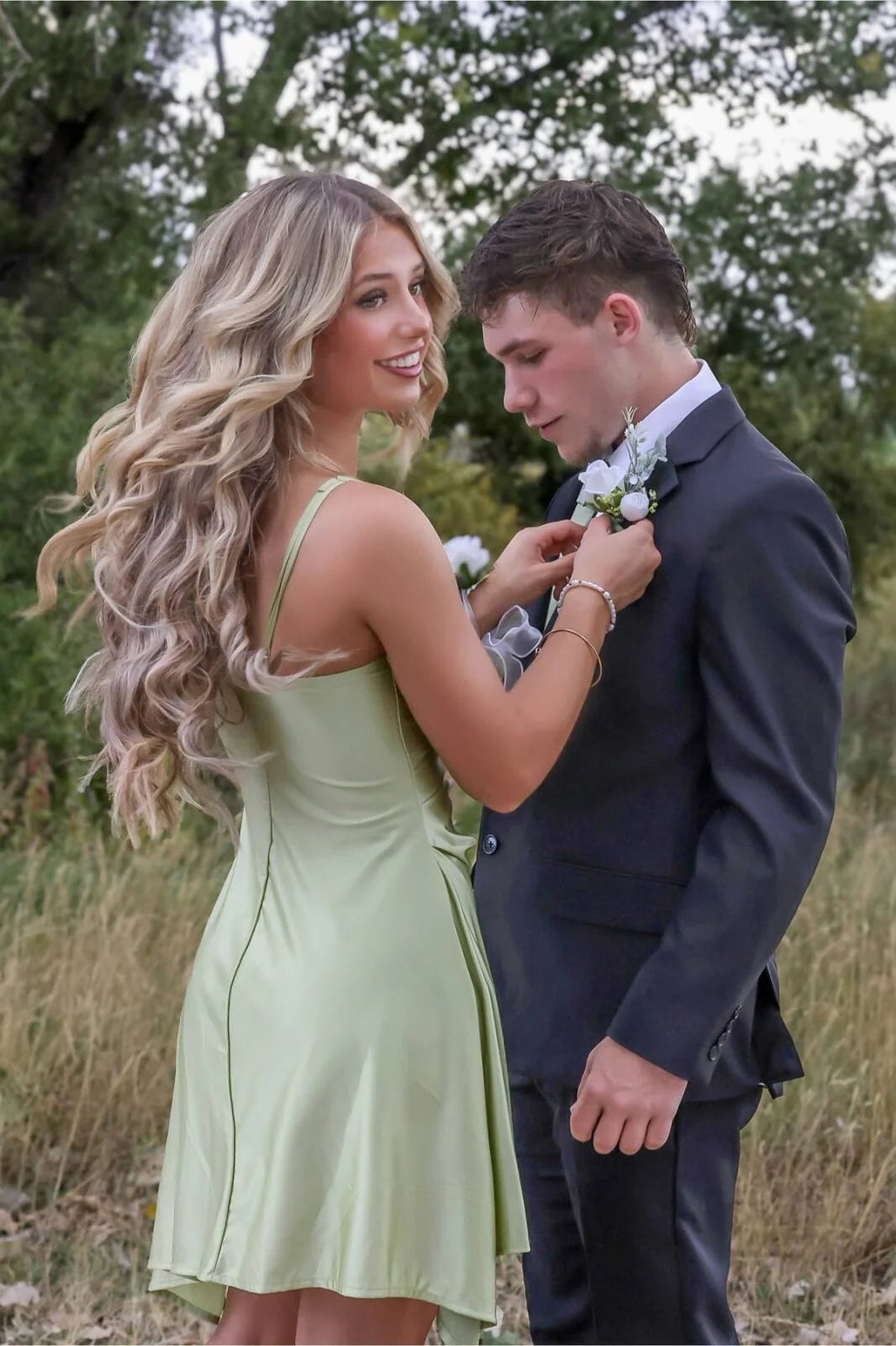 Simple Light Green A Line Spaghetti Strap Satin Short Homecoming Dress Mini Dress Outfits DP5896