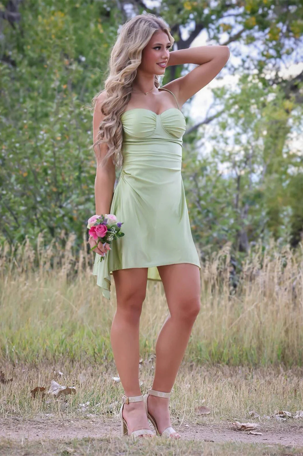 Simple Light Green A Line Spaghetti Strap Satin Short Homecoming Dress Mini Dress Outfits DP5896