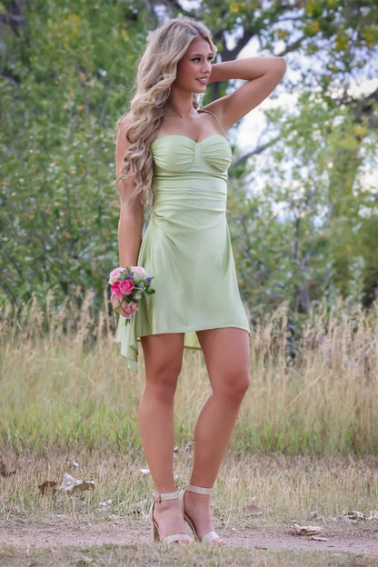 Simple Light Green A Line Spaghetti Strap Satin Short Homecoming Dress Mini Dress Outfits DP5896
