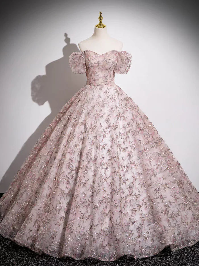 Off the Shoulder Ball Gown Pink Sequins Lace Prom Dress Quinceanera Gown DP1148