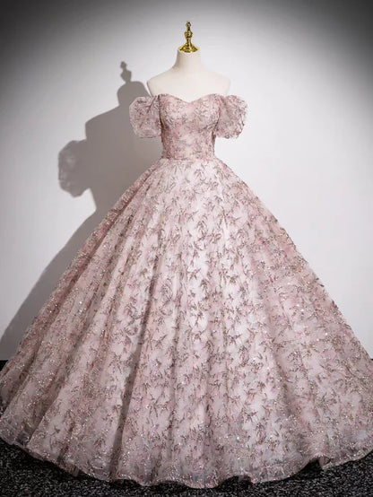 Off the Shoulder Ball Gown Pink Sequins Lace Prom Dress Quinceanera Gown DP1148