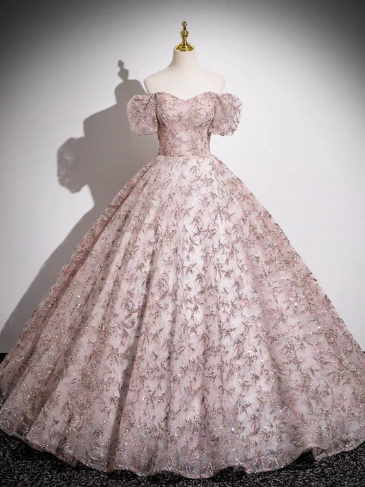 Off the Shoulder Ball Gown Pink Sequins Lace Prom Dress Quinceanera Gown DP1148