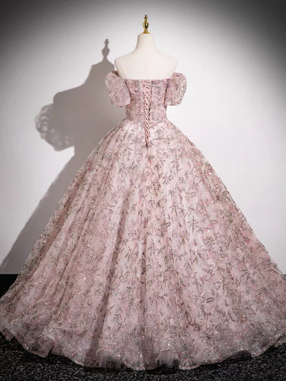 Off the Shoulder Ball Gown Pink Sequins Lace Prom Dress Quinceanera Gown DP1148
