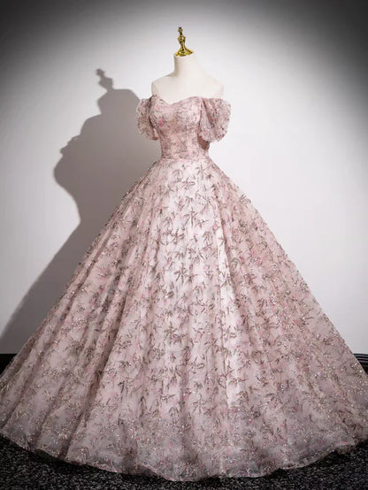 Off the Shoulder Ball Gown Pink Sequins Lace Prom Dress Quinceanera Gown DP1148