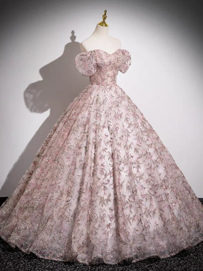 Off the Shoulder Ball Gown Pink Sequins Lace Prom Dress Quinceanera Gown DP1148