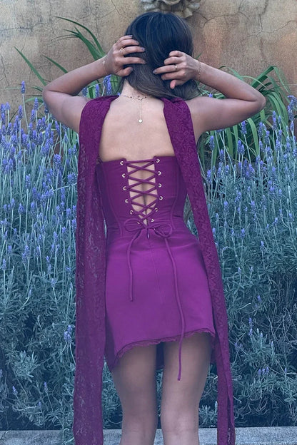 Sweety A Line Spaghetti Straps Purple Corset Homecoming Dress with Scarf DP7306