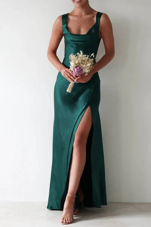Elegant A Line Square Neck Emerald Long Prom Dress with Criss Cross Back DP7246