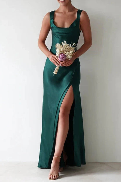 Elegant A Line Square Neck Emerald Long Prom Dress with Criss Cross Back DP7246