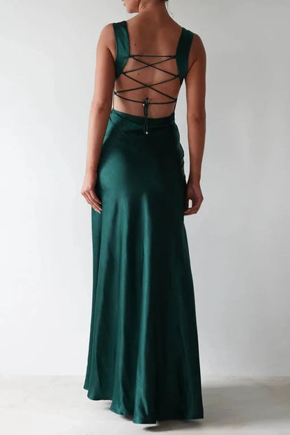 Elegant A Line Square Neck Emerald Long Prom Dress with Criss Cross Back DP7246
