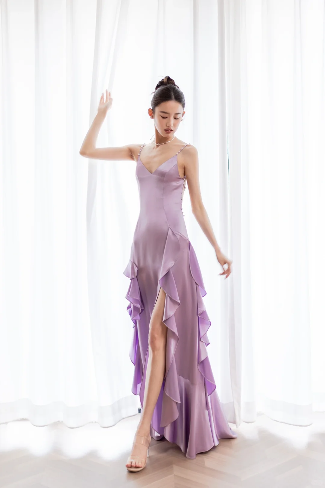 Flowy Ruffle Mermaid Spaghetti Strap Purple Satin Open Back Prom Dress Formal Dress DP3338