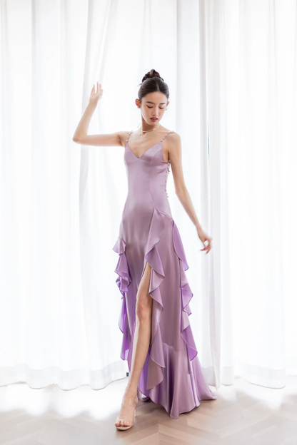 Flowy Ruffle Mermaid Spaghetti Strap Purple Satin Open Back Prom Dress Formal Dress DP3338