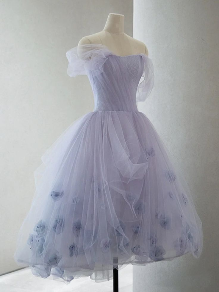 Lavender Off the Shoulder Homecoming Dress Off The Shoulder High Low Flowers Tulle Prom Dress DP283