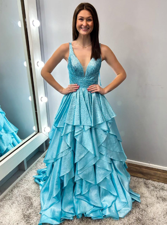 Beautiful A Line V Neck Blue Beaded Layered Satin Long Prom Dress Evening Dress DP6523