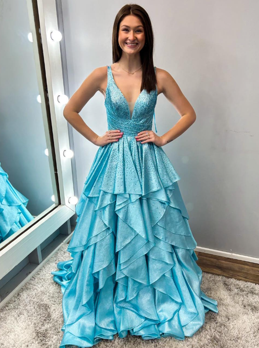 Beautiful A Line V Neck Blue Beaded Layered Satin Long Prom Dress Evening Dress DP6523