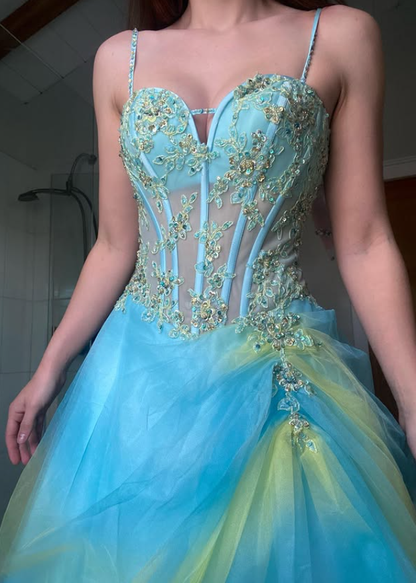 Vintage Summer Green Blue Ombre Appliques Tulle Prom Dress Evening Dress DP5643