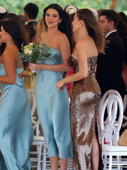Simple Ice Blue A Line Strapless Satin Backless Long Bridesmaid Dress DP4969