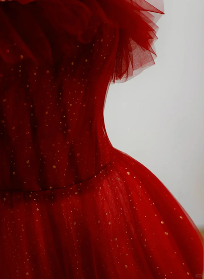 Red Tulle Long Prom Dress Off The Shoulder Evening Dress DP216