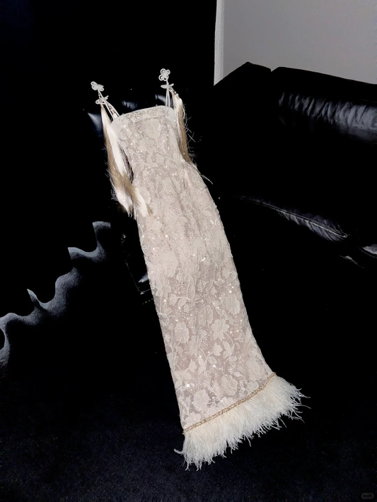 Inspiration Sheath Straps Feather Sequin Lace Long Prom Dress Evening Dress DP2691