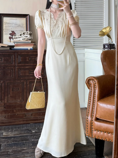 Vintage Pretty A Line Puff Sleeve Lace Satin Long Prom Dress Evening Dress DP6464